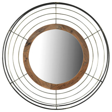 Round Wall Mirror With Wood Frame and Metal Wire Surround