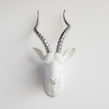 Large Faux Antelope Head Wall Mount, White and Silver