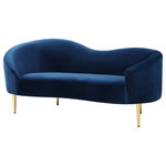 Meridian Furniture - Ritz Velvet Upholstered Loveseat, Navy - Get comfy while remaining chic in this elegant Ritz navy velvet loveseat. Plush navy-colored upholstery provides a soft texture that is pleasing to the senses, while its curved design offers a contemporary touch to your home furnishing. Gold metal legs complement the loveseat's sophisticated navy color, creating a gallant piece anyone would be proud to display in their home.