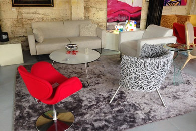 Example of a trendy carpeted living room design in San Francisco with no tv