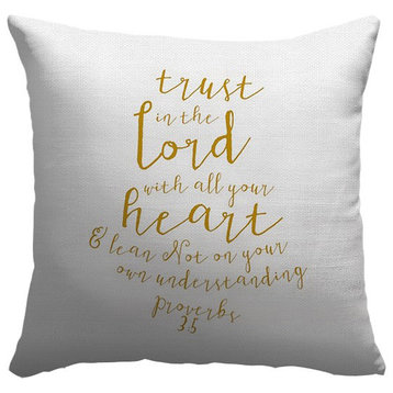 "Proverbs 3:5 - Scripture Art in Gold and White" Outdoor Pillow 16"x16"