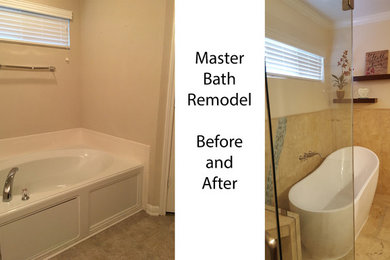 Mid-sized elegant master beige tile and travertine tile limestone floor and beige floor bathroom photo in Austin with raised-panel cabinets, dark wood cabinets, a one-piece toilet, beige walls, an undermount sink, granite countertops and a hinged shower door
