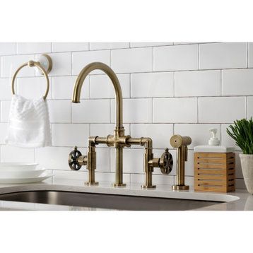 KS2333RX Belknap Bridge Kitchen Faucet With Brass Sprayer, Antique Brass