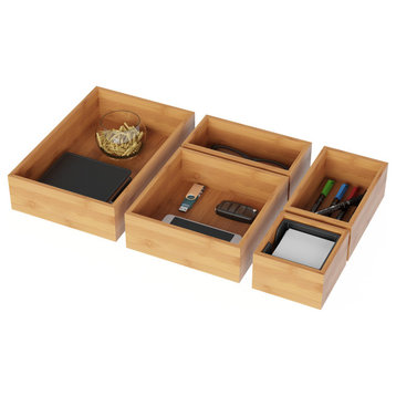 Bamboo Drawer Organizer 5-Compartment Modular Box Set Tray Storage