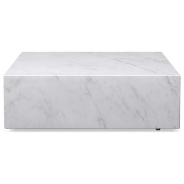 HomeRoots 35" X 35" X 11" White Marble Coffee Table With Casters