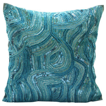 Sequins And Beaded Blue Art Silk 16x16 Decorative Pillow Covers, Aqua Infinity