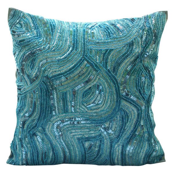 & Beaded Blue Art Silk 12x12 Blue Pillow Cover Throw Pillow 12x12