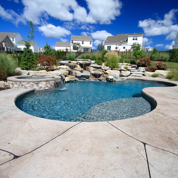 Freeform Style Pool with Waterfall and Fire Pit