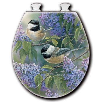 White Toilet Seat, Chickadees and Lilac, Round