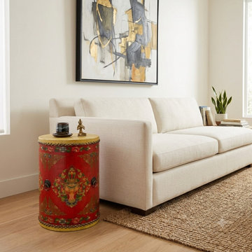 Distressed Red Lotus Tibetan Style Jewel Tower Graphic Round Drum Table ws4984