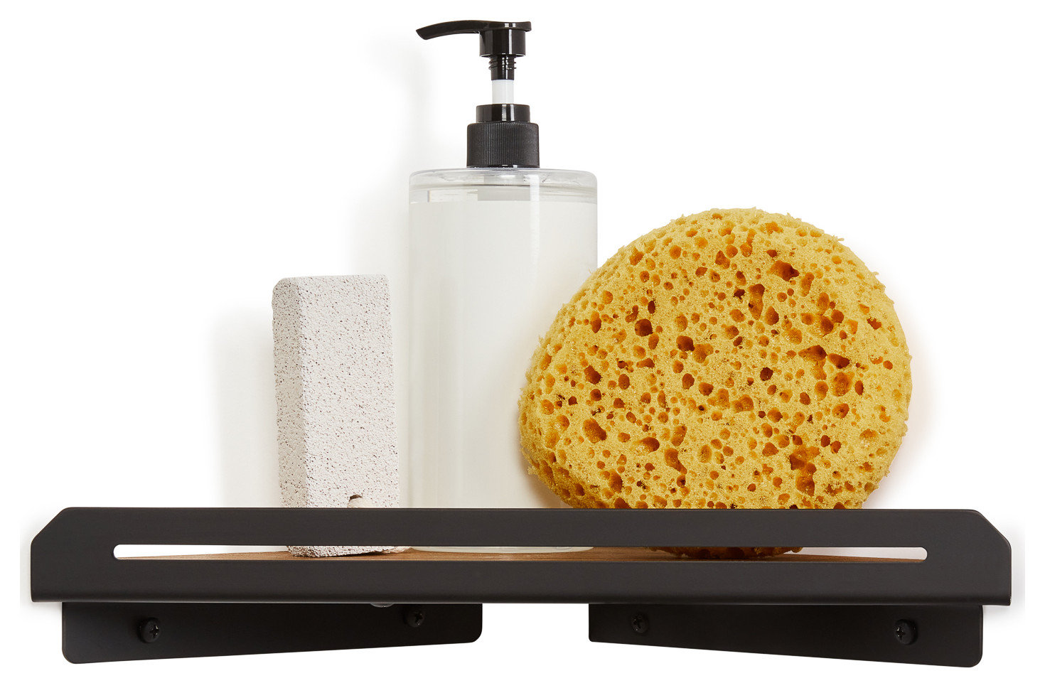 Floating Corner Shower Shelf With Natural Teak Wood, Matte Black