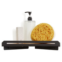 Floating Corner Shower Shelf With Natural Teak Wood, Matte Black