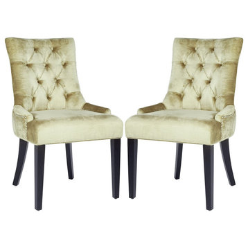 Set of 2 Dining Chair, Black Birch Wood Legs With Antique Sage Gold Linen Seat