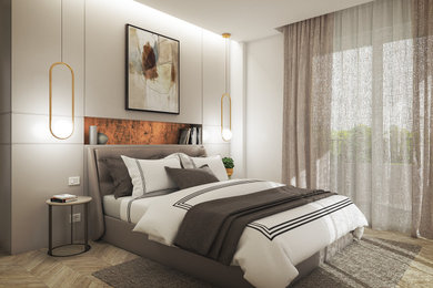 Ispirazione per una camera matrimoniale minimal con parquet chiaro e pavimento beige