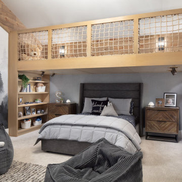 Kid Boys' Room with Loft, Built-In Shelving and Wall Mural