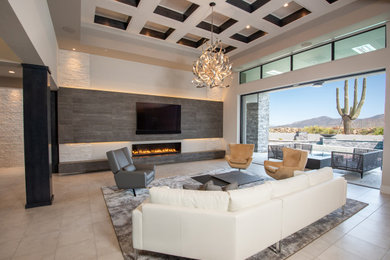 Inspiration for a large modern formal open concept living room in Phoenix with beige walls, ceramic floors, a standard fireplace, a stone fireplace surround, a wall-mounted tv, beige floor and recessed.