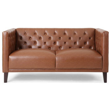 Drache Contemporary Upholstered Tufted Loveseat, Cognac and Brown