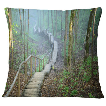 Stairway Leading To Foggy Forest Landscape Photography Throw Pillow, 16"x16"