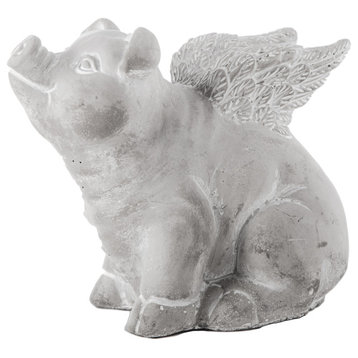 Cement Sitting Winged Pig Figurine Washed Concrete Gray Finish