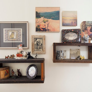 Reclaimed wood shelf boxes and collected dog art