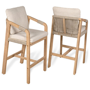 Modern Tub Roped Acacia Wood Outdoor Bar Stool With Cushions, Armrests, Set of 2