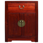 Golden Lotus - Chinese Oriental Brown Moon Face End Table Nightstand - This is a simple oriental hardware accent end table / nightstand in Medium Brown stain wood color. There is variation in natural wood pattern. Simple handle and Moon Face hardware is used as an accent.