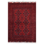 Bareens Designer Rugs - Rustic Biljik Khal Mohammadi Lynna Wool Rug 4'11" x 6'6" - Elegant Khal Mohammadi rugs made by skilled artisans of Northern Afghanistan using premium quality hand-spun wool and vegetable dyes are an exquisite addition to any decor. Meticulously hand-knotted using the age-old techniques of traditional Turkish or Ghiordes knots, these chic Khal Mohammadi rugs feature intricate designs with a warm color palette of deep reds, dark blues, and luxurious browns. The long-lasting mesmerizing hue in Khal Mohammadi rugs comes from the vegetable dyes made from madder root, indigo, and walnut husks that become more enchanting over time. The Biljilk Khal Mohammadi design showcases stylized floral motifs and a geometric pattern that draws inspiration from nature. The unique weaving style developed by influential rug weaver Khal Mohammad has resulted in rich colors, intricate patterns, and exceptional craftsmanship. Despite the scarcity of specific details about his early life and introduction to the craft, his techniques and designs have made an indelible mark on the world of rug craftsmanship, making these rugs a testament to his unparalleled skill and innovation. The intricate design and the dark hues exude an aura of dreamy serenity and undeniable luxury that will elevate the ambiance of any room.