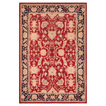 Bareens Designer Rugs - Oriental Ziegler Cherri Red Blue Hand-Knotted Wool Rug - 6'4'' x 9'0'' - Enhance the ambiance of your home with this magnificent Persian-influenced Turkish hand-knotted rug made by skilled artisans capable of creating the most exceptional vegetable dyes and hand-spun wool. This exquisite handmade rug is a one-of-a-kind Peshawar Kafkaz, otherwise identified as Chobi, Chobi Peshawar, Oushak, or Ziegler rug. These handmade rugs are crafted in Pakistan utilizing superior-quality wool imported from Australia, New Zealand, and Korea in two types of weaves: the Persian weave and the Mori weave. This rug is meticulously crafted by hand using the finest natural vegetable dyes extracted from local plants. The artisans use a blend of hand-spun local and fine merino wool, resulting in a rug with a compelling texture, higher lanolin content, and longer staple. The artisans occasionally incorporate natural or artificial silk into the pile to enhance specific motifs. The finished product is an awe-inspiring execution of flawless design and an understated palette that exudes elegance.