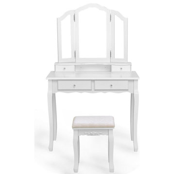Elegant Vanity Table With Comfortable Padded Stool & Tri Folding Mirror, White
