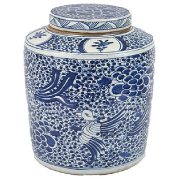 Vintage Style Blue and White Phoenix Motif Porcelain Tea Caddy Jar 17"