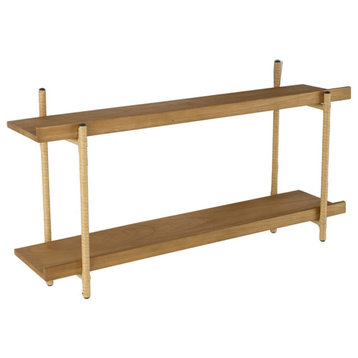 36" Modern Wood Two Tier Shelf, Rattan Braiding, Brown, Gold