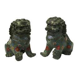 Chinese Pair Metal Blue Enamel Cloisonne Foo Dog Figures - Decorative Objects And Figurines