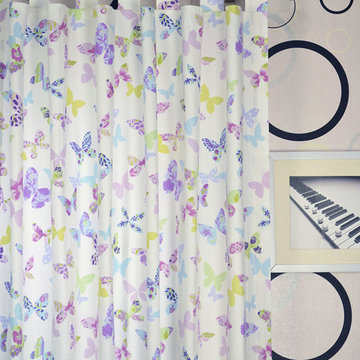 Butterflies Tab Top Printed Cotton Curtain Heading Style Red Orange Color