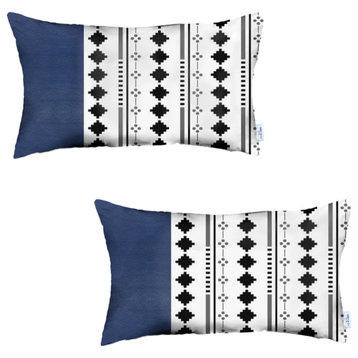 Set Of 2 Diamond Patterns And Navy Blue Faux Leather Lumbar Pillow Covers