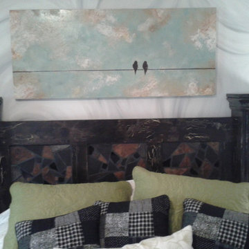 oversized mosaic headboard with distreassed frame