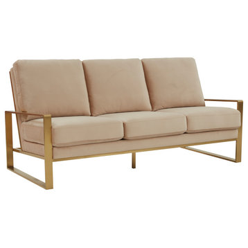 Leisuremod Jefferson Modern Design Velvet Sofa With Gold Frame Beige