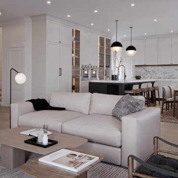 Warm and cozy living room, kitchen, and dining area