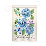 Breeze Decor - Life Is Beautiful Hydrangeas 2-Sided Impression Garden Flag - Size: 13 Inches By 18.5 Inches - With A 3" Pole Sleeve. All Weather Resistant Pro Guard Polyester Soft to the Touch Material. Designed to Hang Vertically. Double Sided - Reads Correctly on Both Sides. Original Artwork Licensed by Breeze Decor. Eco Friendly Procedures. Proudly Produced in the United States of America. Pole Not Included.