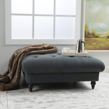 Contemporary Ottoman, Turned Birch Wooden Legs With Deep Tufted Dark Gray Top