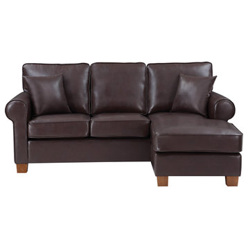 Rylee Rolled Arm Sectional, Cocoa Faux Leather With Pillows and Coffee Legs