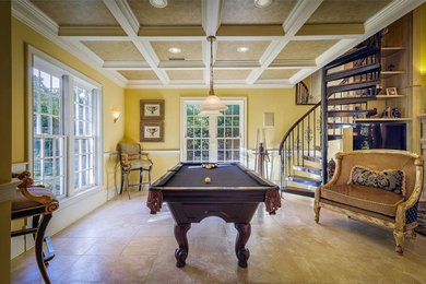 Inspiration for a mid-sized transitional enclosed ceramic tile game room remodel in Chicago with yellow walls and no fireplace