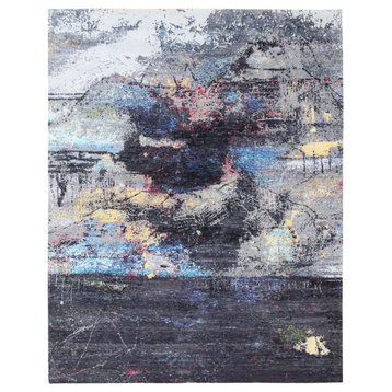 Charcoal Black With Pop Of Colors Modern Wool-Silk Hand Knotted Rug, 8'0"x10'0"