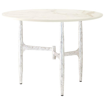 Italian Ceramic Marble Look Dining Table Round 4 Seat Kitchen, Silver/Golden