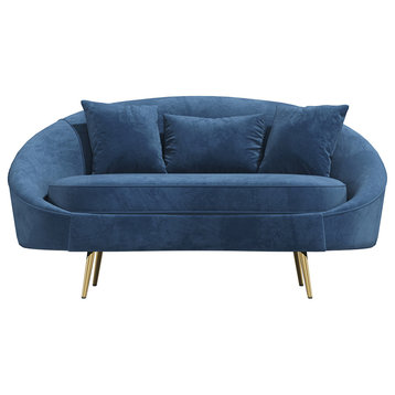 Modern Velvet Curved Sofa 3-Seater Sofa Toss Pillow Included, Blue, Small
