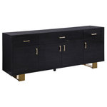 Meridian Furniture - Excel Stainless Steel and Wood Sideboard/Buffet, Grey, Gold Base - Organize flatware and silverware in the three spacious drawers of this Excel sideboard buffet. This beefy sideboard offers room aplenty for holding things you need in the dining roomout of sight and out of mind. The rich grey oak veneer lacquer finish with gold base and handles gives this unit the modern panache needed to mesh with nearly any contemporary dining set. Wood and stainless steel construction ensures lasting beauty and long-lived performance.