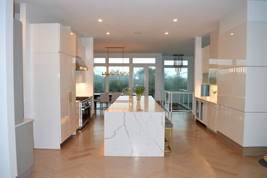 Kitchen - contemporary galley light wood floor kitchen idea in Wilmington with a farmhouse sink, flat-panel cabinets, white cabinets, quartz countertops, stainless steel appliances and an island