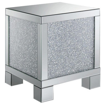 Wooden End Table With Infused Crystals On Mirrored Panel, Silver And Clear
