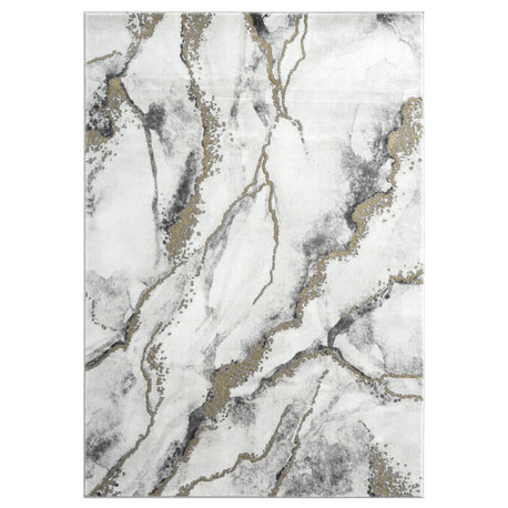 Abani Luna LUN170A Contemporary Marble Grey and Metallic Gold Area Rug, Grey, 7'