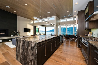 Large trendy single-wall light wood floor open concept kitchen photo in Vancouver with an undermount sink, flat-panel cabinets, dark wood cabinets, granite countertops, green backsplash, subway tile backsplash, stainless steel appliances and an island