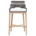 Star International Furniture - Star International Furniture Woven Tapestry 31" Fabric Barstool in Dove Gray - This woven barstool will add a touch of coastal style to your kitchen, bar or dining room. Constructed with a stainless steel frame and solid mahogany legs, this stool is not only sturdy, but durable. A rich dove colored rope is tightly woven with an eye-catching solid white speckle stripe interwoven at the center of the seat back. The mahogany legs feature crossed leg stretchers, a front foot rest, and a beautiful distressed natural gray finish. Paired with an upholstered seat cushion affixed to the base, the stool provides comfort with style and will be the perfect addition to any transitional or traditional dining room or bar.